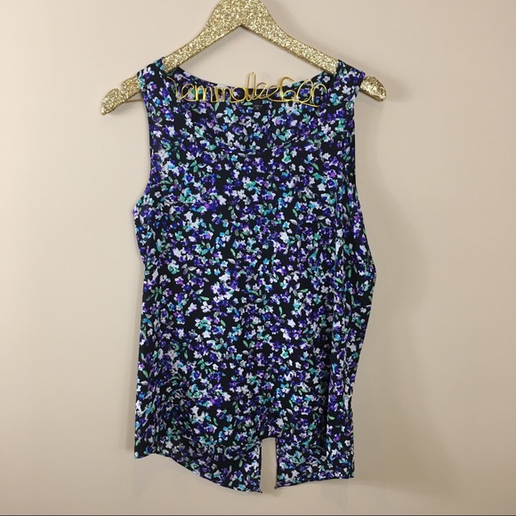 Express Tops - Express Blue Floral Split Back Tank Blouse